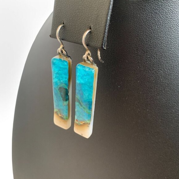 Handcrafted Phoenix Stone Rectangular Drop Earrings Blue Green Silver Hooks - Picture 11 of 14